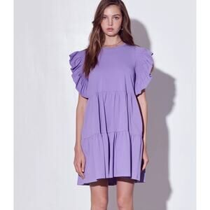 English Factory Ruffle Flutter Sleeve Tiered Lavender Mini Dress Small NWOT